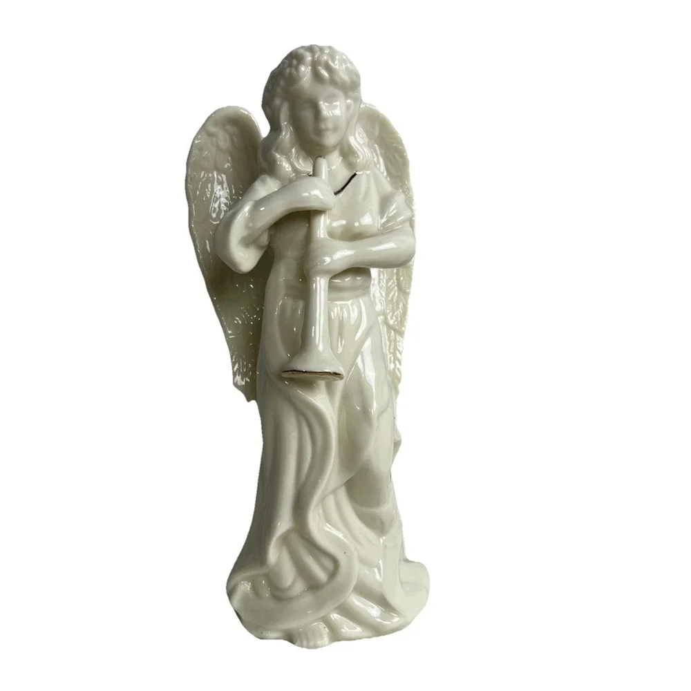 Vintage Angel Horn‎ Cherub White Gold Trim Porcelain Christmas Figurine 8.5